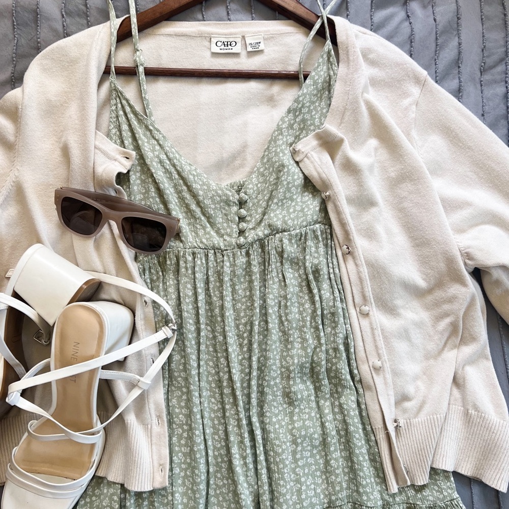 Cream Cardigan and Green Dress (Both)